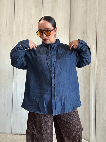 💙 Camicia in Denim con Colletto a Fiocco