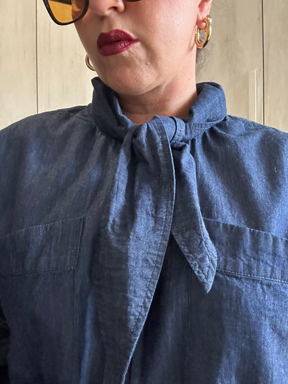 💙 Camicia in Denim con Colletto a Fiocco